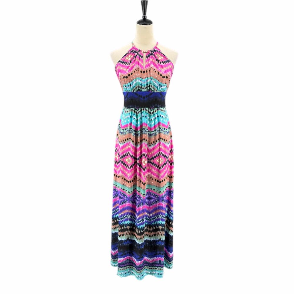 Boston Proper Multi Color Stripe Sleeveless Keyhole Neck Jersey Beach Maxi Dress